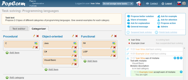Screenshot from the collaboration platform PopCorm; the categorizer tool is displayed .